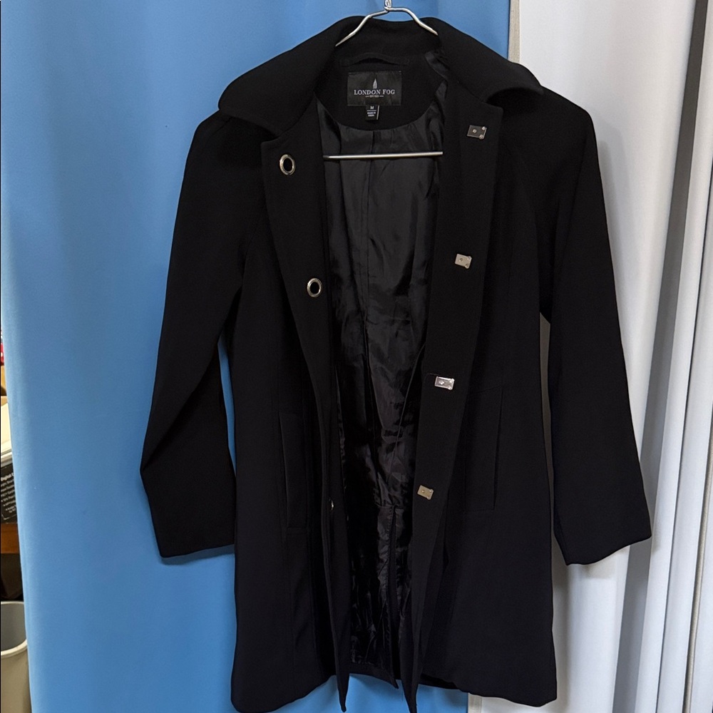 London Fog Women's Hoodef Black Trench/Rain Coat with Silver Hardware